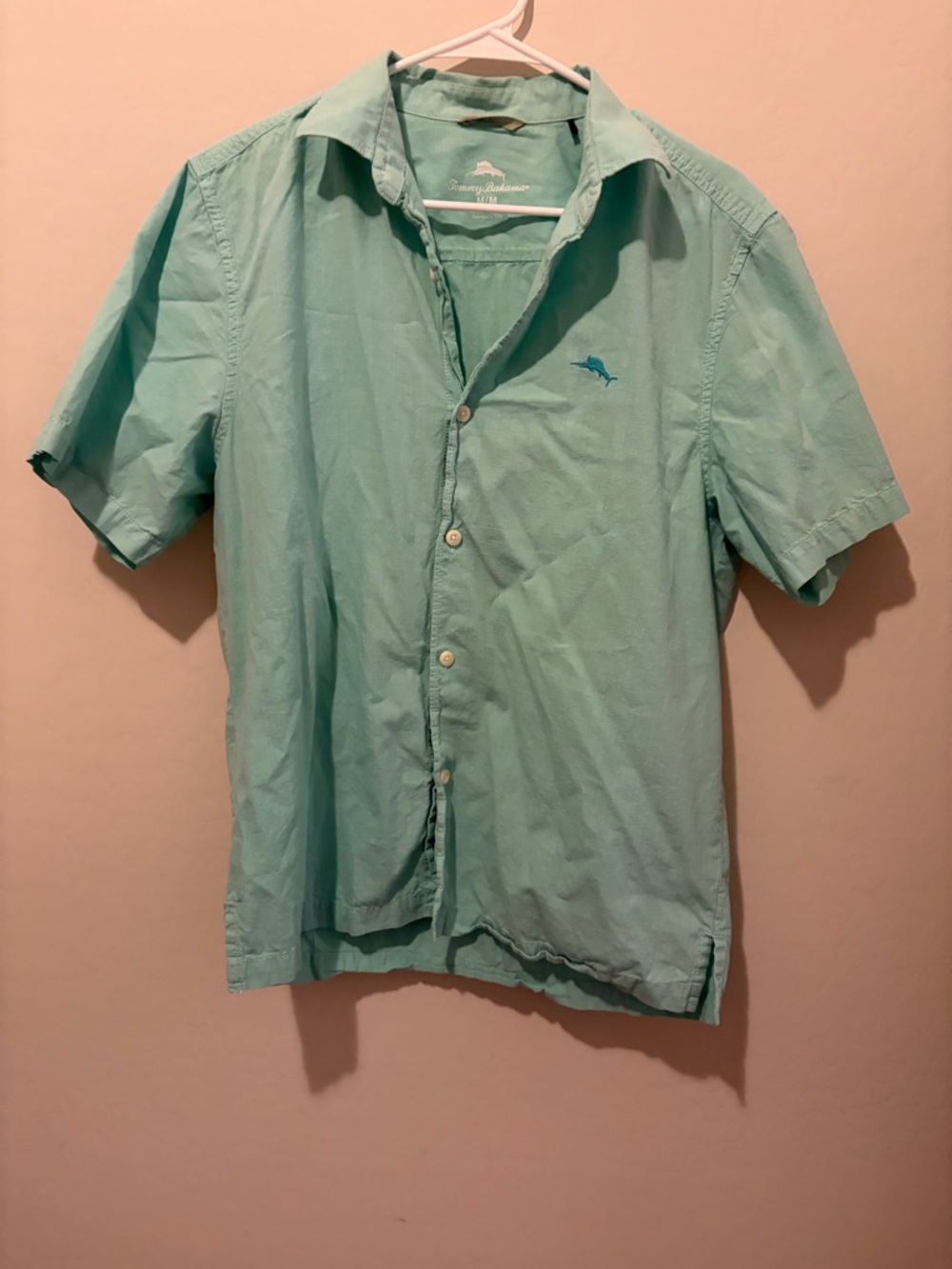 Tommy Bahama Light Teal Short-Sleeve Button-Down Shirt- 100 percent cotton